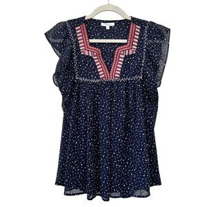 Maette  Blue Charlotte Embroidered Short Sleeve Blouse Top Size Small